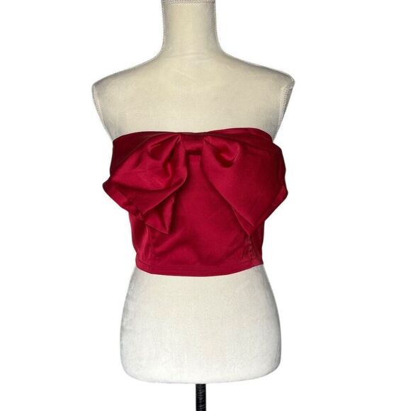 Anthropologie Satin Red Bow-Front Bandeau Tube Top Size M - Picture 1 of 9
